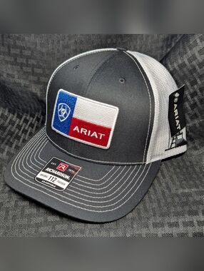 Ariat Men's Black and White Mesh Logo Patch Trucker Cap.
